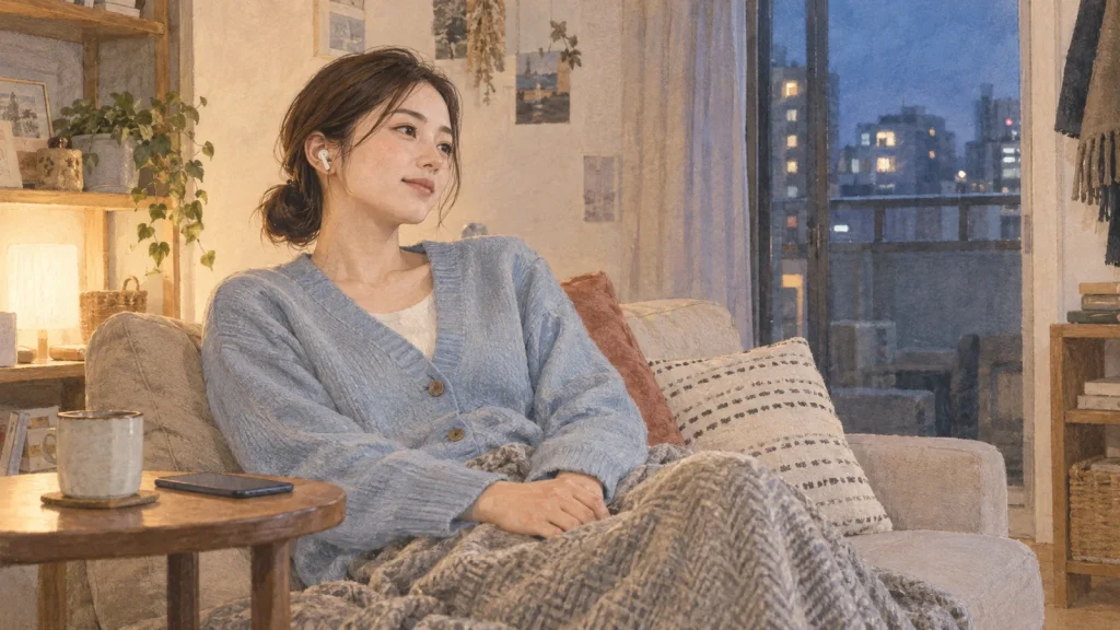 冬の休憩にイヤホンでピアノ曲を聴く20代女性