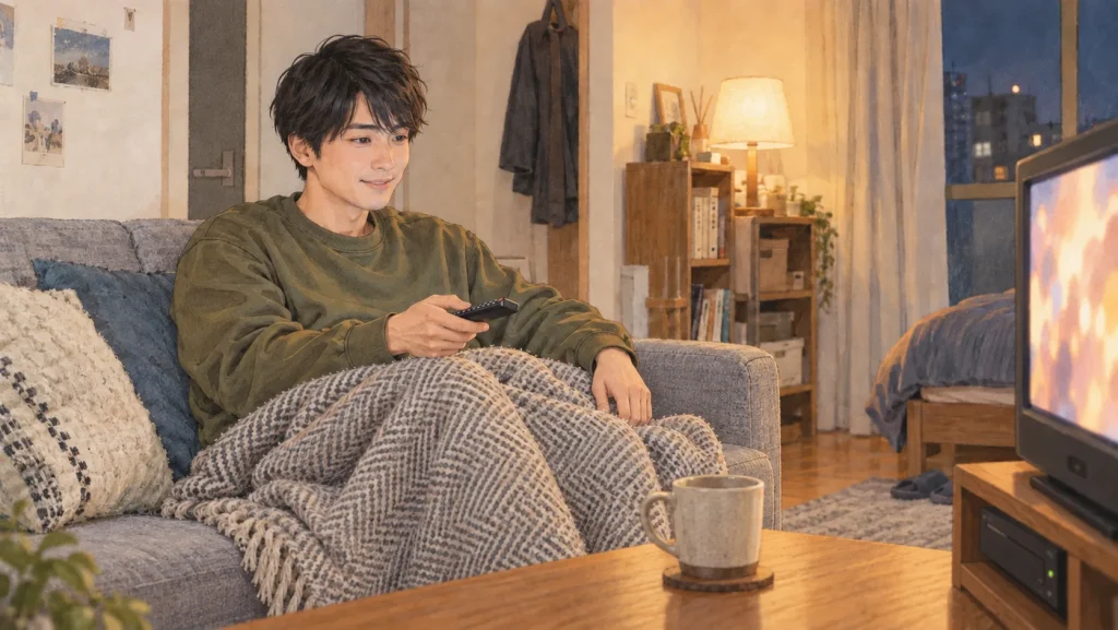 冬の空き時間に、自宅のテレビで短編アニメのDVDを楽しむ20代の社会人男性