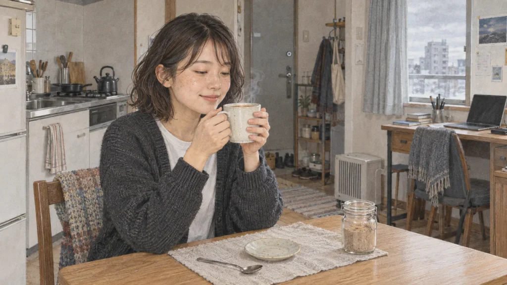 冬の休憩に温かいチャイを一杯楽しむ20代女性
