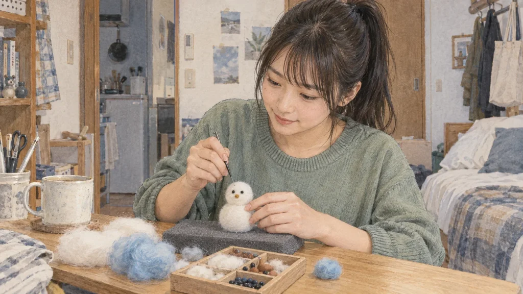家の机で小さな雪だるまの羊毛フェルトを作る20代女性