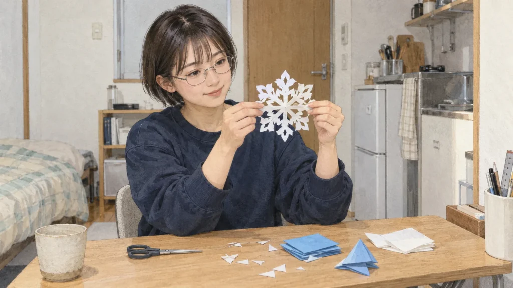 切り紙を開いて雪の文様を楽しむ20代女性