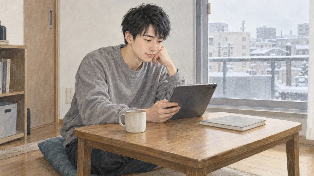 冬の休憩にタブレットで雪の結晶写真を眺める20代男性