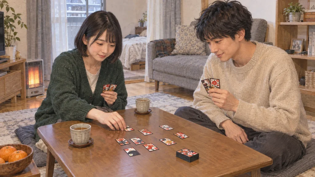 家の小さいテーブルで花札を楽しむ20代の二人