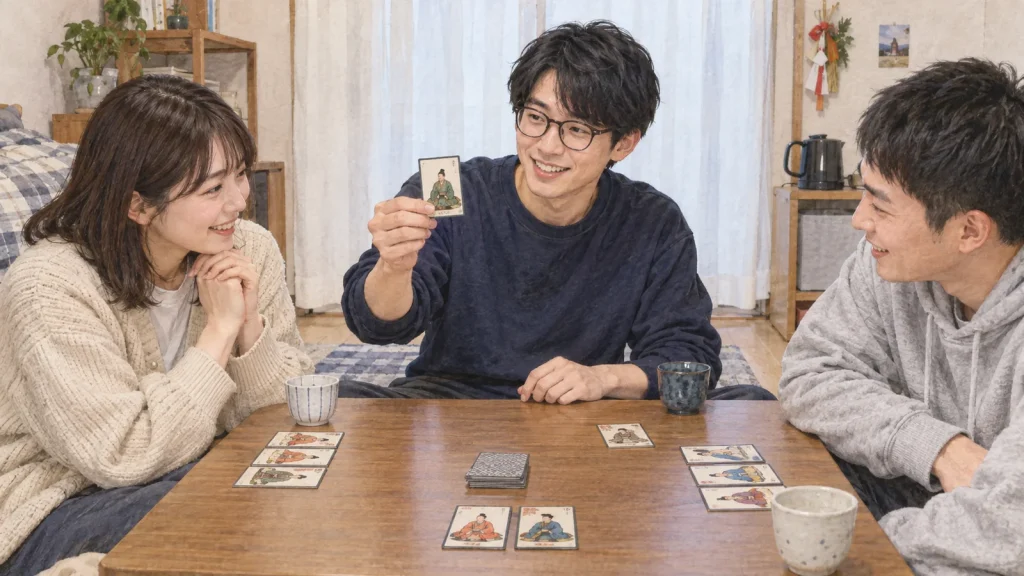百人一首の絵札をめくりながら笑う20代の友人三人