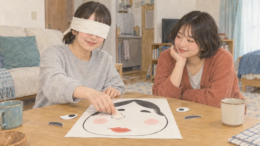 目隠しをして福笑いの顔を並べる20代の二人