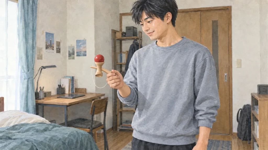 自宅でけん玉の大きい皿に赤い玉を乗せて遊ぶ20代の男性
