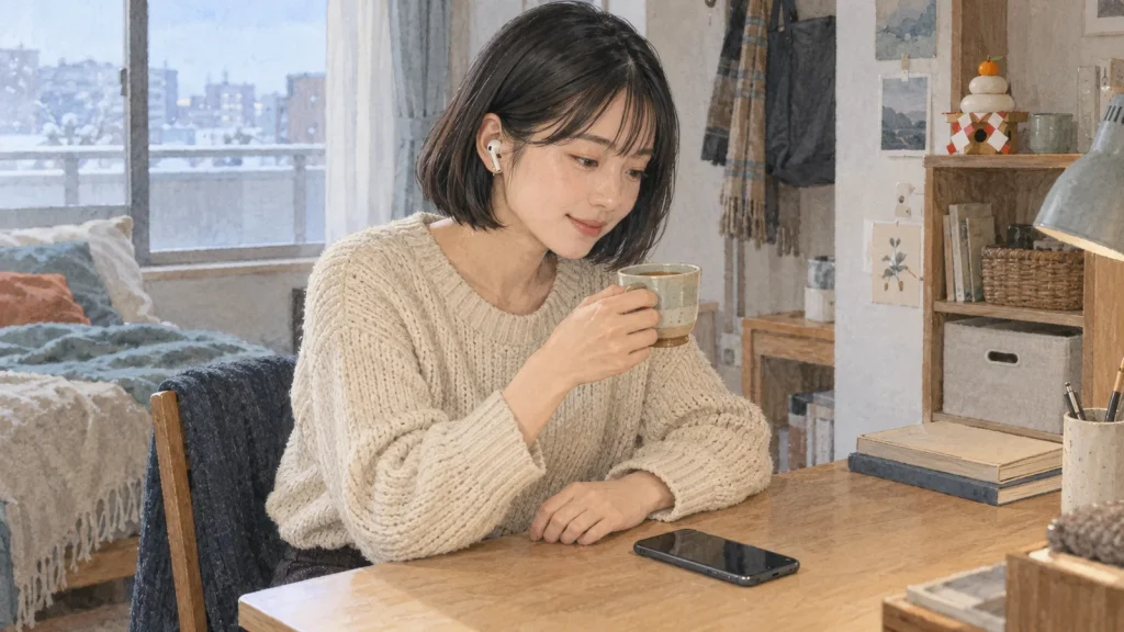 自宅でイヤホンの音楽とお茶を楽しむ20代の女性