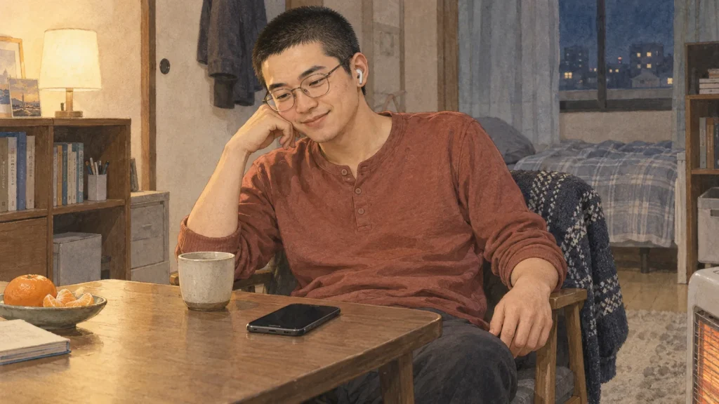 自宅でイヤホンの落語に耳を傾ける20代の男性