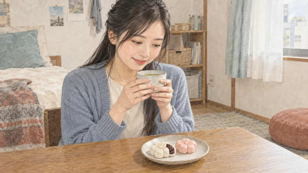 紅白の梅形最中をお茶に添えて休憩する20代の女性