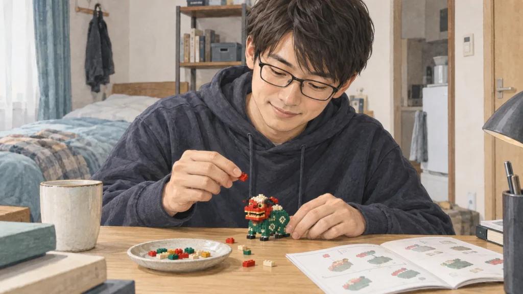 家の机で小さい獅子舞のブロックを組む20代の男性