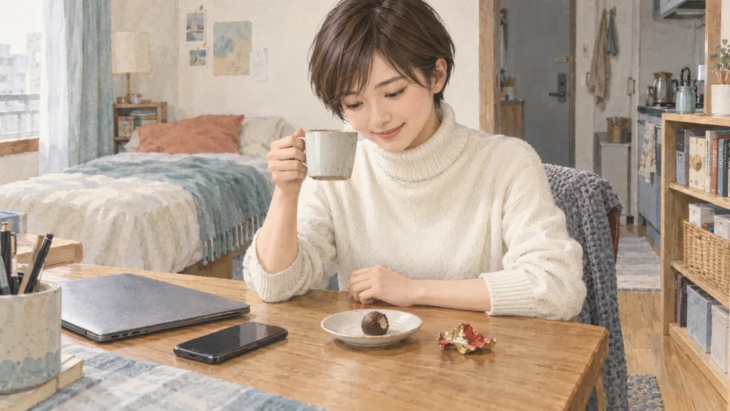 自宅の仕事休憩にひと粒のチョコとコーヒーを楽しむ20代の女性