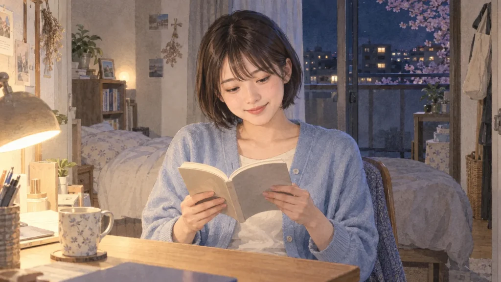 帰宅後、小さな机で桜の小説を読む20代の社会人女性