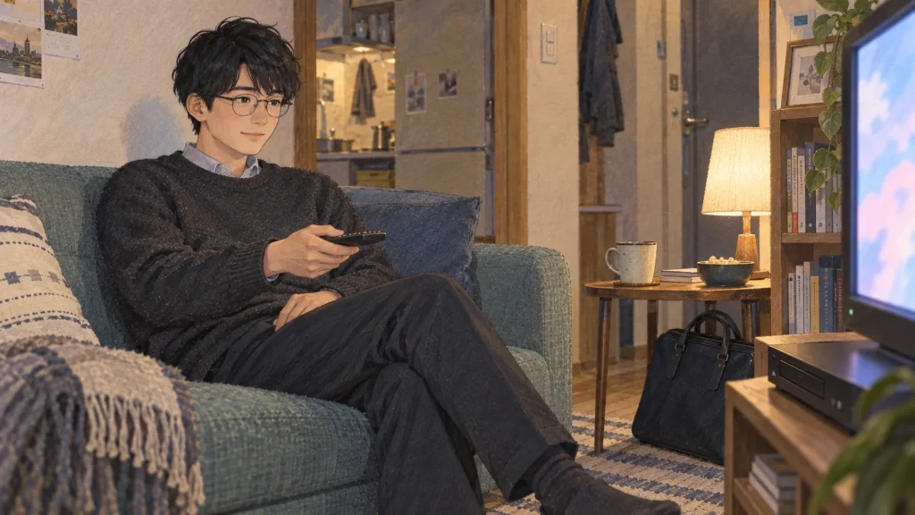 帰宅後の空き時間に、自宅のテレビでアニメのDVDを観る20代の社会人男性