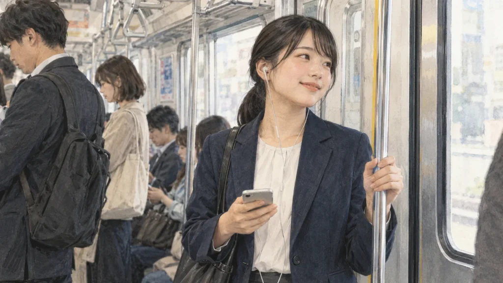 日本の通勤電車のドア脇でイヤホンの音楽を聴く20代の社会人女性