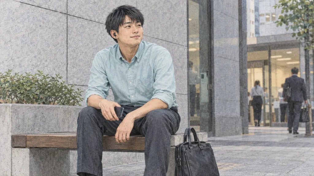 会社の近くのベンチでジャズを聴いて休憩する20代の社会人男性