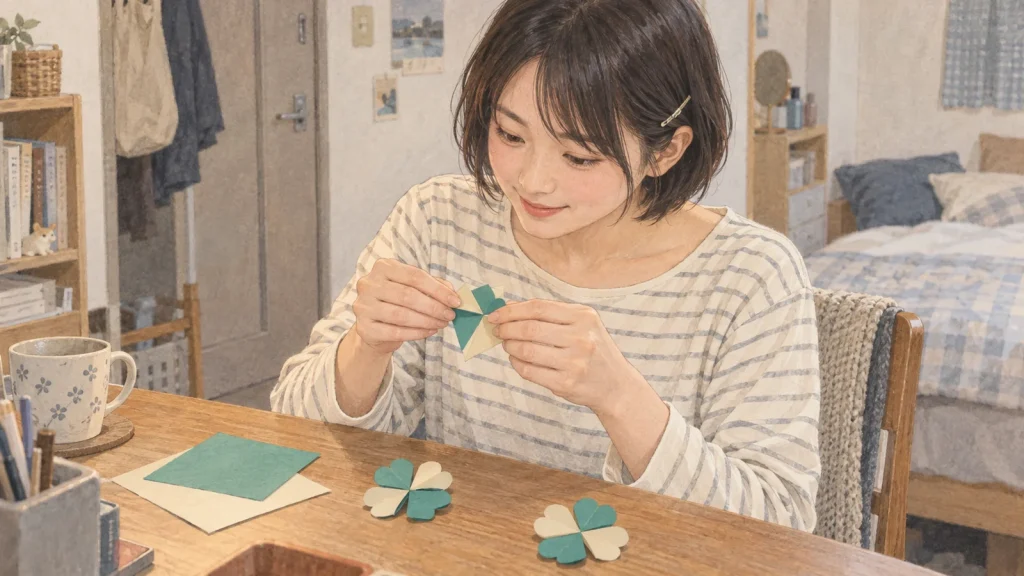 自宅の机で二色の紙のクローバーを折る20代の社会人女性