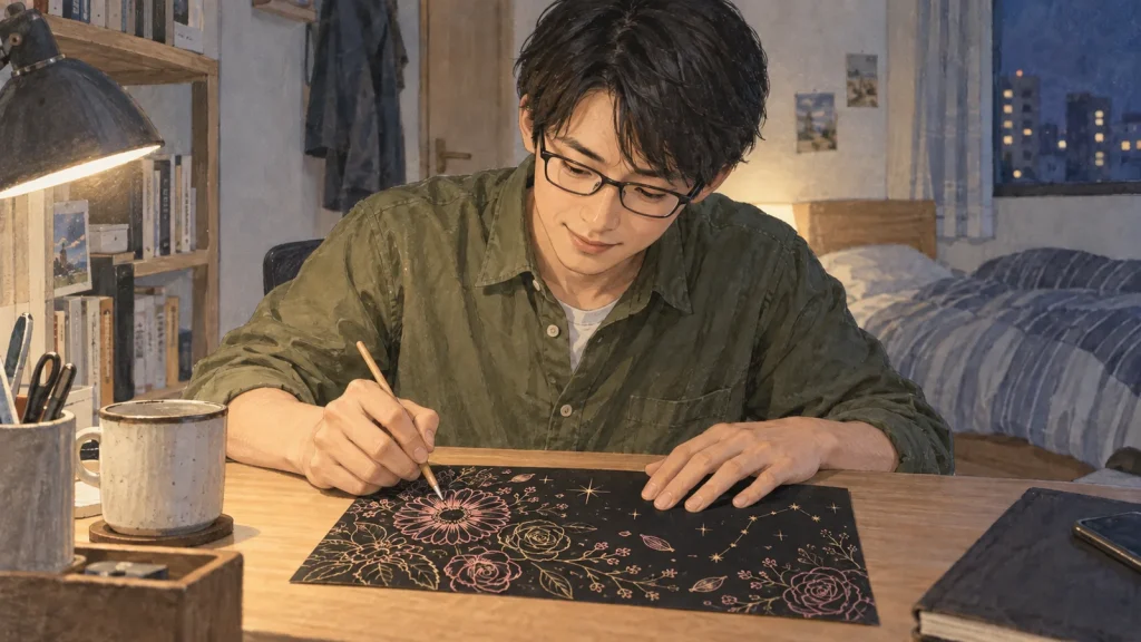 花と星座のスクラッチアートを少しずつ削って楽しむ20代の社会人男性