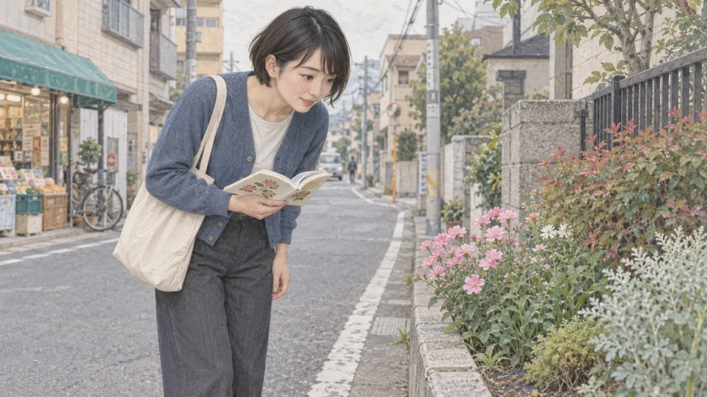 近所の花壇で花を見つけ、図鑑と見比べる20代の社会人女性