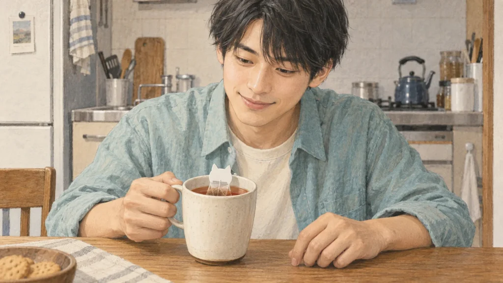 猫の形のティーバッグフックを眺めて紅茶を楽しむ20代の社会人男性