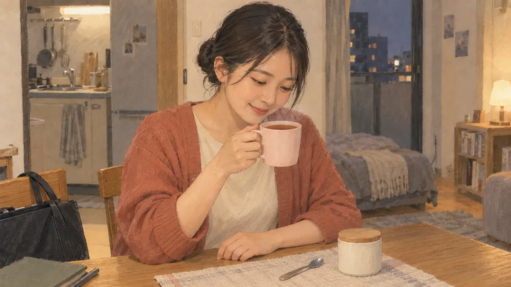 帰宅後に桜の香りの紅茶を飲んでひと息つく20代の社会人女性
